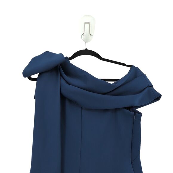 TADASHI SHOJI Women M Snyder Dress Royal Navy Blue Drapes Neoprene Bow NEW FLAW - Picture 9 of 9